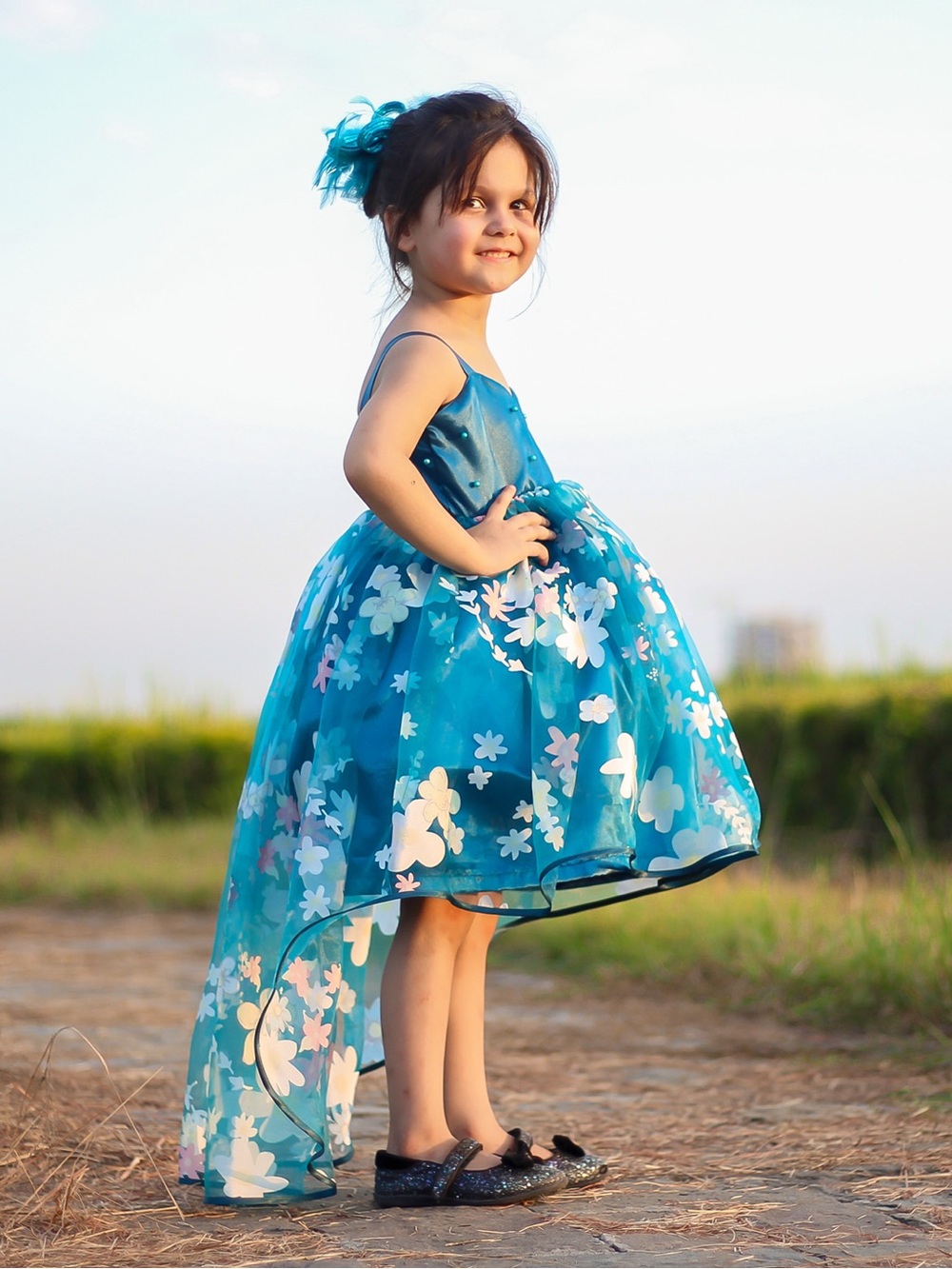 5year girl Blue Floral High-Low Tulle Flower Girl Dress
